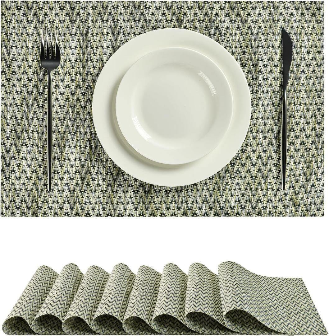 Leetaltree Green Placemats Set of 8 - Heat Resistant Non-Slip Place mats for Dining Table, Washable Durable PVC Vinyl Woven Table MatsGreen Zigzag, 8