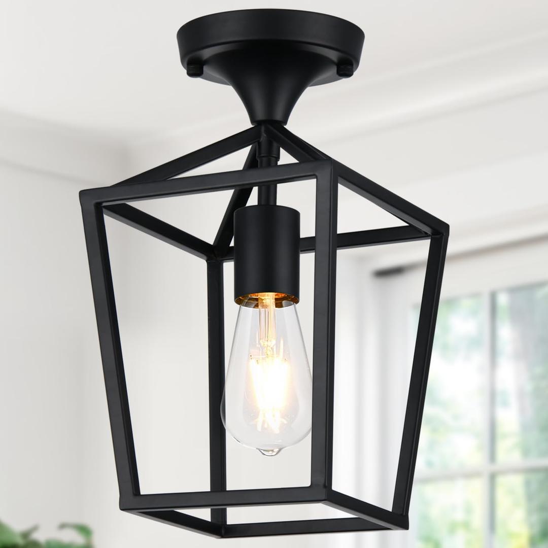 UpgradedSemi Flush Mount Ceiling Light, Black Industrial Ceiling Light Fixtures, Farmhouse Light Fixture for Hallway Stairway Garage Living Room Dining Room BalconyNot waterproof, Not for Outdoor