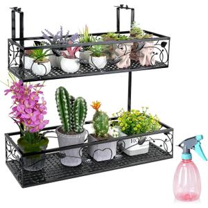 2-Tier Balcony Flower Pot Stand Rack, Hanging Railing Planter Shelf Basket, Height Adjustable Iron Hanging Flower Pot Holder for Balcony Decor Patio Porch Fence Railing
