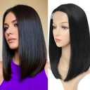 Meiliprotea Black Bob Wig Middle Part Glueless Synthetic Lace Front Wig 15 Inch Shoulder Length Short Straight Bob Wigs No Bangs for White and Black Women Daily Party Use (1B)