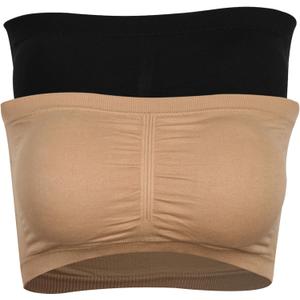 DD DEMOISELLE Women's Bandeau Bra, Strapless Bralette Seamless Bandeau Bra Tube Top Bras (Black Beige 2-pack)