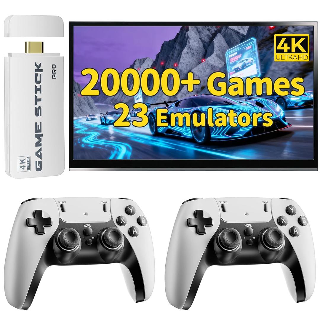 FCHOZY 2026 Upgraded Retro Gaming Console, Classic Video Games with 4K HDMI, 20,000+ Games and 23 Emulators, Nostalgia Game Stick Pro, Upgraded Dual 2.4G Wireless Controllers 64GB (White)