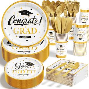 Graduation Decoration Class of 2026, 350PCS Graduation Party Supplies Disposable Dinnerware(Serve 50) with Paper Plates Cup Napkin Fork Knife Spoon College High School Grad Decor(White & Gold)
