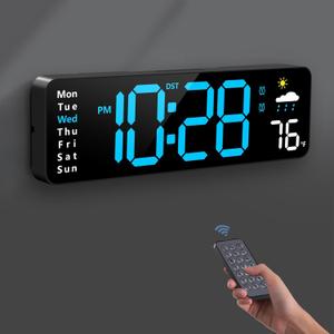 Digital Wall Clock, Digital Clock Large Display with Remote Control, Corded LED Alarm Clocks with Date, Week, Temp, Humidity, Auto DST, Countdown, for Living Room Bedroom Classroom Office (Blue)