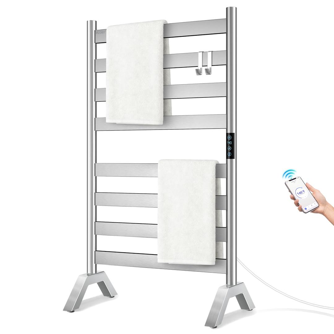 Heated Towel Racks for Bathroom Freestanding & Wall Mounted, WiFi-enable Electric Towel Warmer Rack, Extra-Wide Heating Area Fast Heating with Timer & Temperature Control, 8 Bars, Nickel Silver