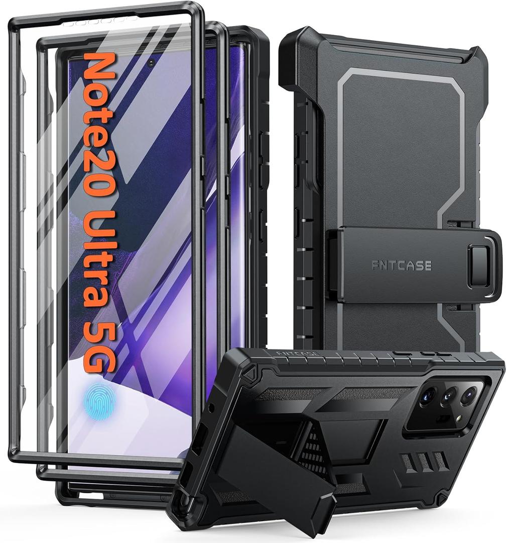 FNTCASE for Samsung Galaxy Note-20-Ultra Case: Military Grade Rugged Cell Phone Cover with Kickstand | Shockproof TPU Protection Bumper Matte Textured Design for Note 20 Ultra (Black)