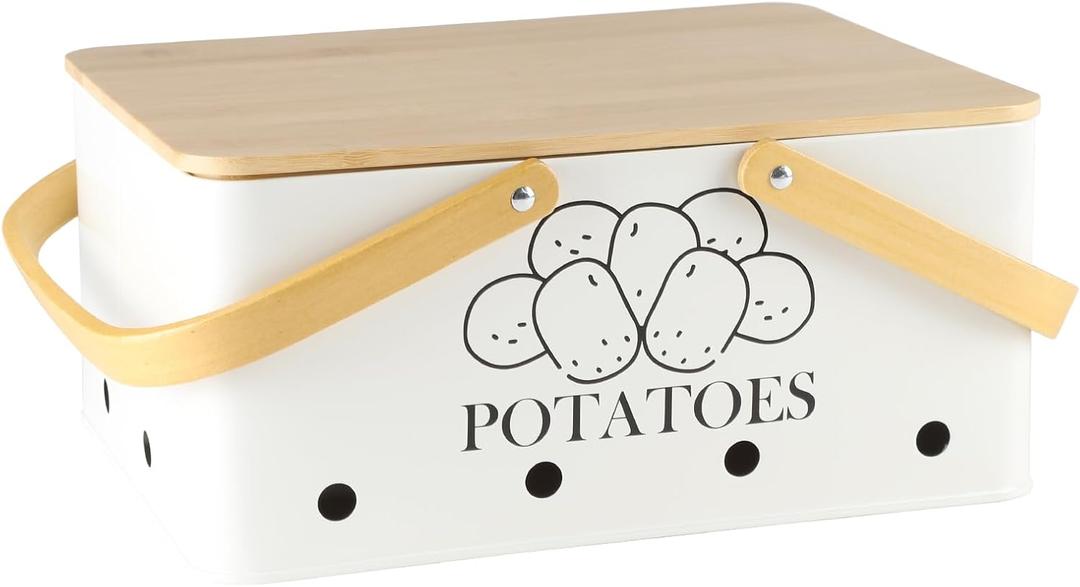 Potato Storage for Pantry, Metal Potato Storage Box with Bamboo Lid and Handle, Potato Bin Onion Storage with Aerating Holes, Kitchen Counter Organizer Container for Potato Onion Garlic-White