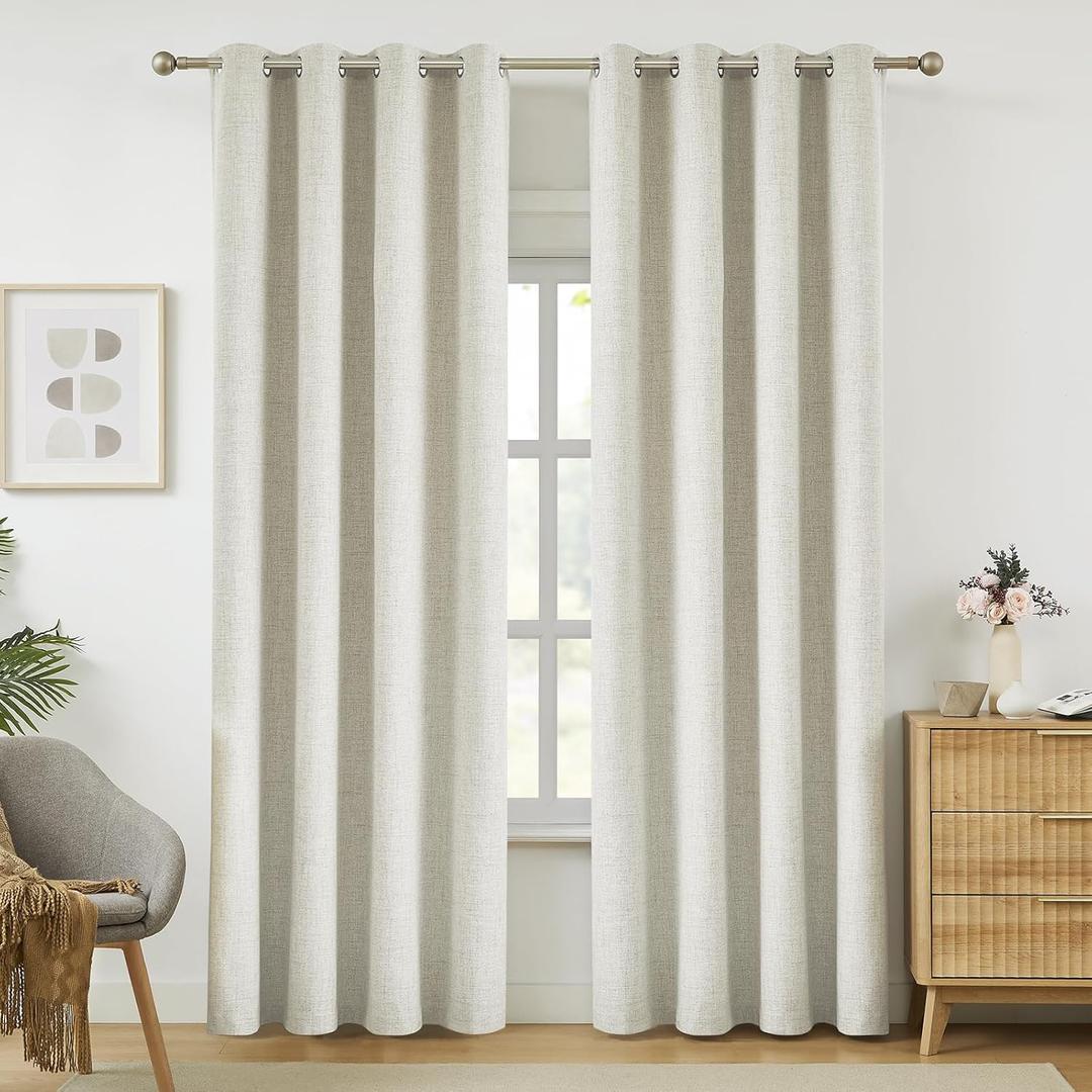 Melodieux Natural Blackout Linen Curtains 108 Inches Long for Living Room, Bedroom Light Blocking Thermal Insulated Burlap Textured Curtains, Elegant Farmhouse Grommet Drapes 52x108 inch, 2 Panels