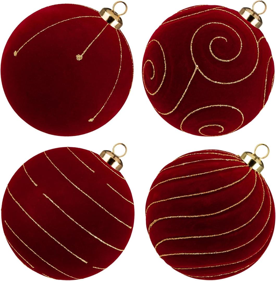 Burgundy Velvet Christmas Ornaments Large Christmas Balls Ornaments 4.7" Dark Red Velvet Ornament for Christmas Tree Balls Xmas Wedding Holiday Halloween 4PCS Big Flocked Decorative Hanging Ornament