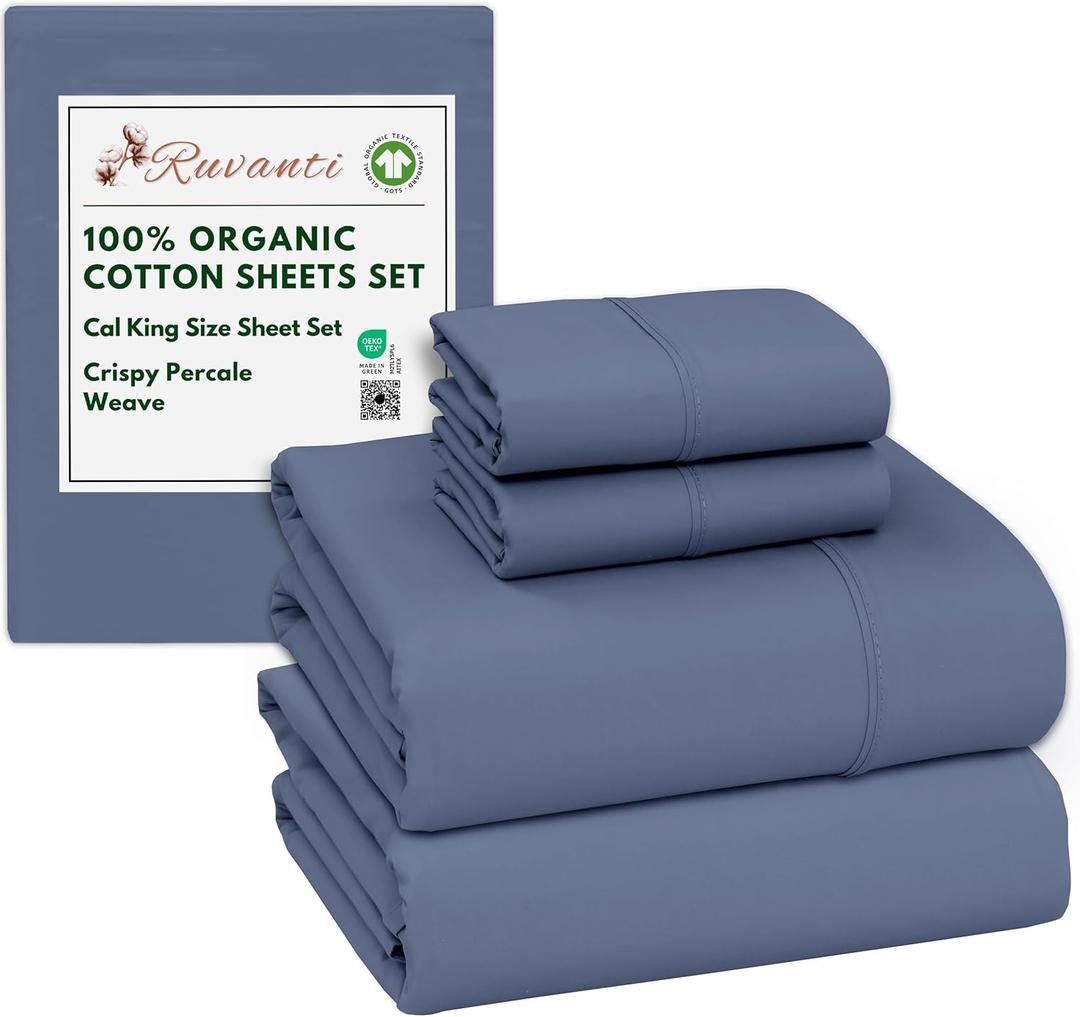 RUVANTI 100% Organic Cotton Sheets California King, Percale Weave, GOTS Certified, 4-Piece Set, Deep Pocket 13", Crisp & Breathable, Soft Durable Bedding, Sbanas Algodn Orgnico  Wild Wind
