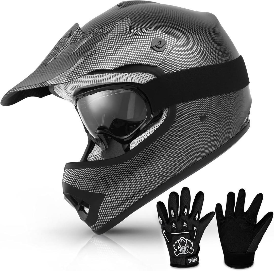 TCMT Youth Dirt Bike Helmet DOT Certified - Kids Full Face Motocross ATV Helmet with Goggles, Gloves and Helmet Bag for Off-Road, BMX, MX, Street Riding, Youth Medium