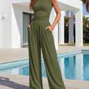 BTFBM Womens 2 Piece Outfits Spring 2026 V Neck Cap Sleeve Ruched Top Wide Leg Pants Sets Rib Knit Lounge Matching Set (Green, XXL)