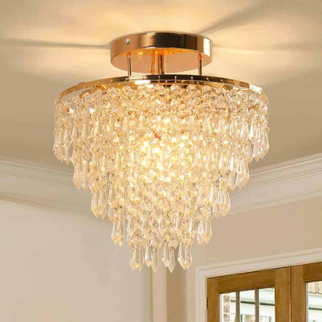FRIXCHUR 11.8" Crystal Chandelier Gold Flush Mount Ceiling Light 5 Tiers Raindrops Crystals Pendant Lighting Fixture for Bedroom Hallway Living Room E26 Base