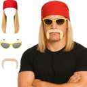 3Pcs Wrestler Costume Kit Includes Headscarf with Hair Fake Beard Glasses for Halloween Cosplay Dress up Accessories