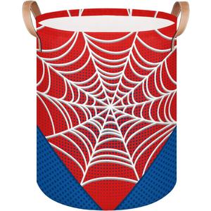 Large Laundry Hamper Basket Red Spider Web Round Collapsible Storage Organizer Bin for Kids Room, Boys, Nursery, Closet, Bedroom, Playroom, Toys, Dirty Clothes, 16"W x 20"H