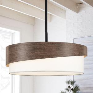 21.5'' Farmhouse Chandeliers for Dining Room Light Fixtures 5-Light Wood Texture Drum Chandelier with White Fabric Shade Large Rustic Pendant Lighting for Foyer Bedroom Living Room Kitchen，E26