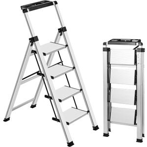 XinSunho 4 Step Ladder, Retractable Handgrip Folding Step Stool with Anti-Slip Wide Pedal, Aluminum Stool Ladders 4 Steps, 330lbs Safety Household Ladder (Silver)