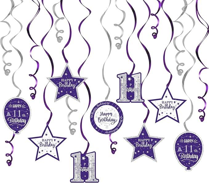 Happy 11th Birthday Purple & Silver Glitter Swirls Streamers Party Decorations - 15 Pcs 11th Birthday Hanging Swirls Streamers Kit,Cheers to Eleven Years Old Bday Party Sign