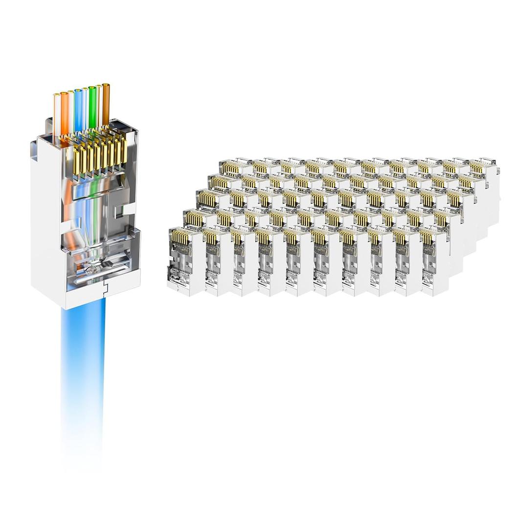 VCE 50-Pack UL Listed Cat6 RJ45 Pass Through Connector, 10Gbps Shielded Ethernet Modular Plugs, Gold Plated 8P8C Ends for 23-26AWG Solid or Stranded STP Network Cable Support PoE, Copper Interference