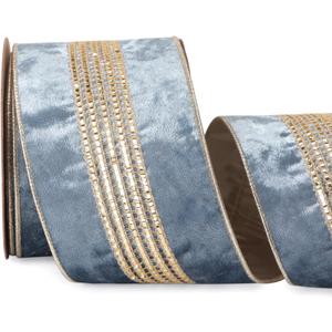 Ribbli Dusty Blue Velvet Wired Ribbon with Luxurious Glittering Stripe 4 Inch Christmas Ribbon for Tree Gift Wrapping Wreaths Garland Topper Bows Crafts Home Decor -10 Yards