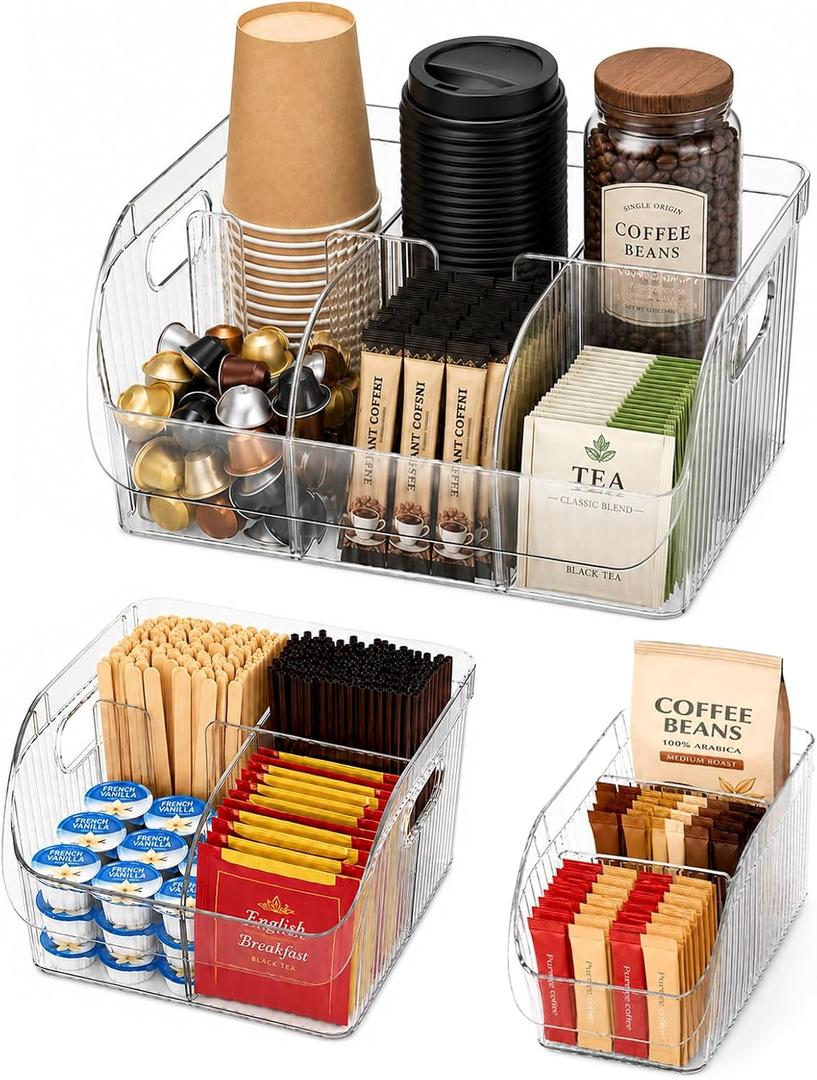 Set of 3 Coffee Station Organizer for Countertop - Clear Storage Caddy with Adjustable Dividers for Condiment Snack Kcup Pod Cup Sugar Creamer Syrup, Tea and Coffee Bar Accessories