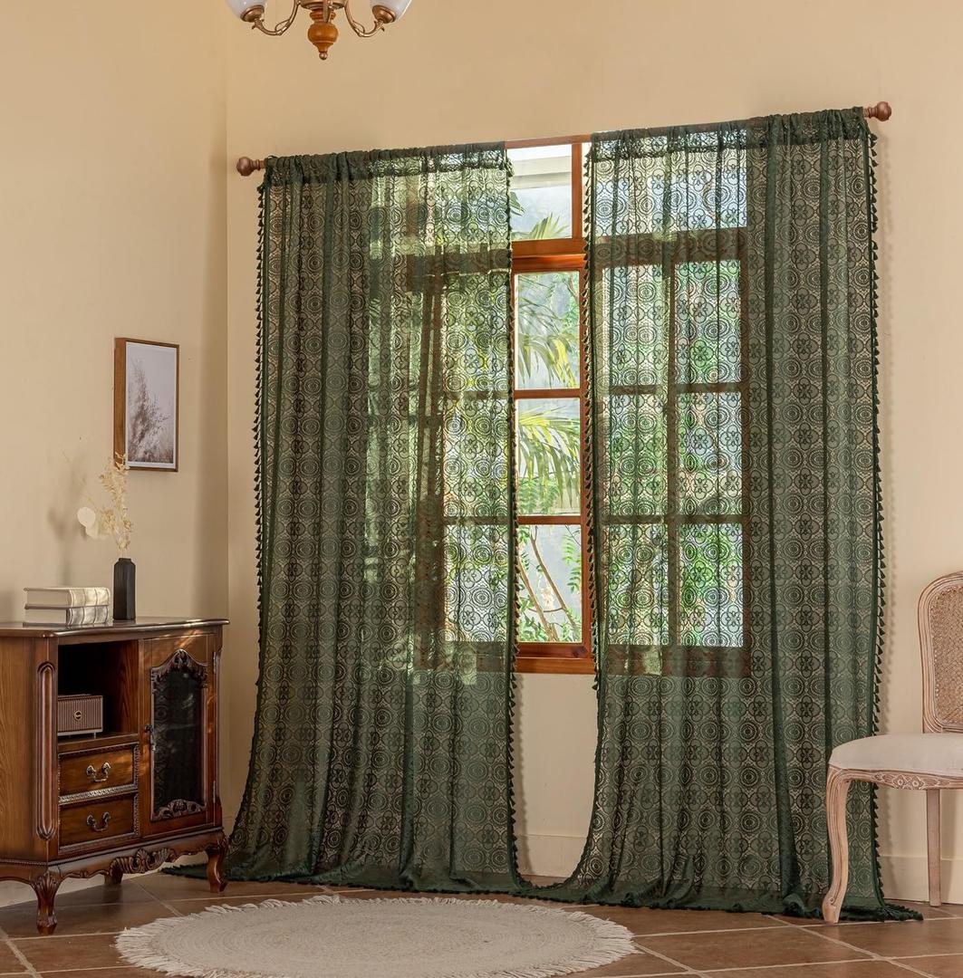 Green Boho Lace Curtains 108 inches Long 2 Panel Sets Retro Crochet Sheer Curtains for Living Room Bedroom Light Filtering Tassels High Ceiling Window Treatment Drapes 59" W x 108" L Emerald Green
