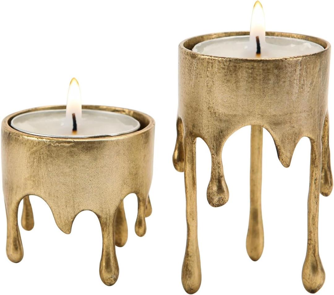 NIKKY HOME Gold Metal Tealight Candle Holders with Dripping Melting Designed Legs, Set of 2 Centerpiece Table Decorations, Decorative Stand for Tea Light Candles, Votive Candles