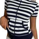 SweatyRocks Women's Slim Fit Zip Up Sweatshirts Collar Striped Short Sleeve Tops with Pockets (M)