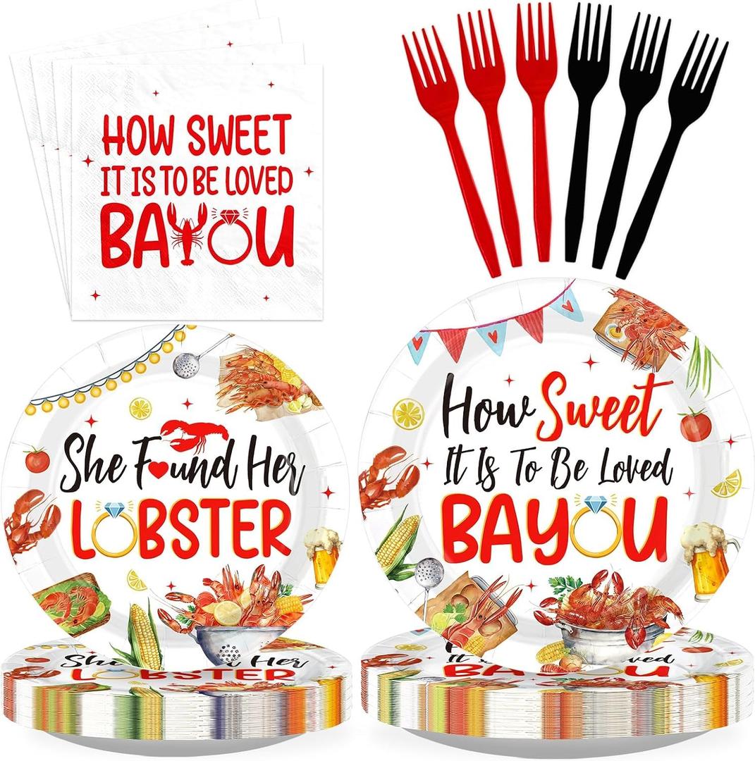 96 Pcs Crawfish Boil Engagement Party Decoration, Serves 24 | How Sweet It is to be Loved Bayou Plates Lobster Crawfish Bridal Shower Decorations for Summer Wedding Party Supplies