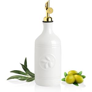 Sweejar 16 Oz Ceramic Olive Oil Dispenser Bottle, Oil Dispenser for Kitchen with Gravity Spout, Relief Opaque Oil Container for Evoo, Avocado Oil, Vinegar, Soy Sauce, 1 Pack(White, Gold Spout)