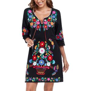 Mexican Dress for Women Embroidered Floral Dress V Neck Traditional Fiesta 3/4 Sleeve Lace Dress (XL, 323BK) 
