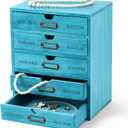 Wesiti 5 Drawer Vintage Wooden Desk Organizer, Apothecary Cabinet Storage Drawers, Rustic Shelf Drawer, Home Office Organizers and Accessories, Embroidery Floss, Craft, Art, Jewelry Storage, Stackable (Blue)