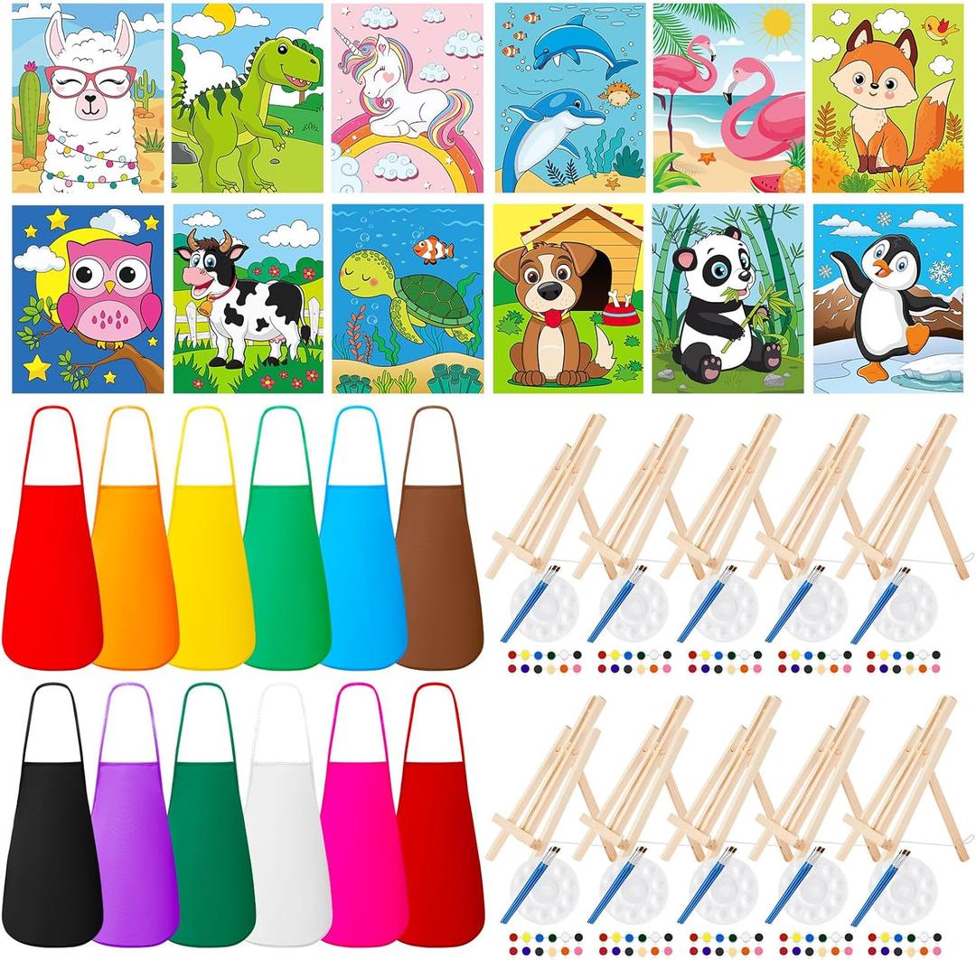 Ireer 84 Pcs Paint Party Set Include 12 Animal Pre Drawn Canvas, Brushes, Palettes, 12 Set Acrylic Paints, Apron Canvas, Painting Kit for Birthday Party Gift Creative Supplies(8 x 10 Inches)