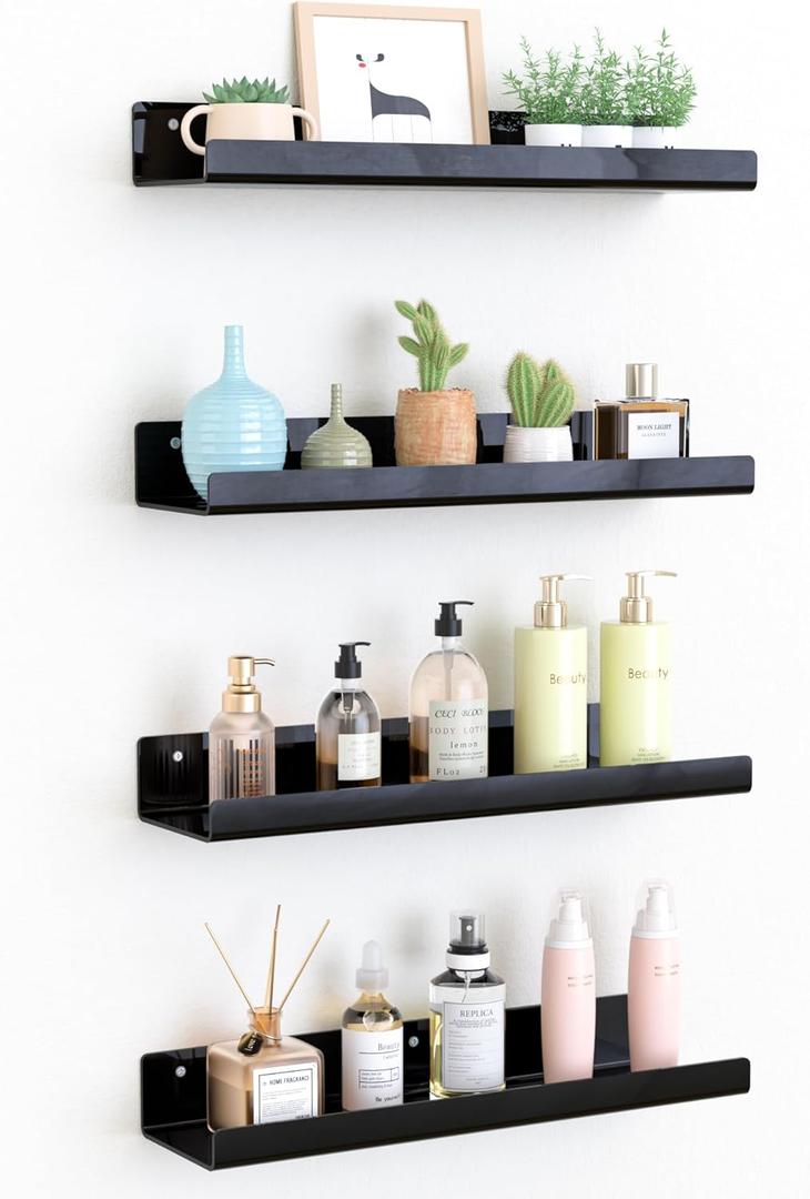 Upsimples Acrylic Shelves for Wall Decor, 15" Display Shelf Perfume Organizer for Bathroom, Bedroom, Living Room, Floating Bookshelves for Kids, Black, 4 Pack