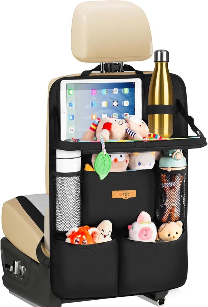SURDOCA Backseat Car Organizer with Foldable Tray for Kids & Adults NEW MODEL Seat Storage with Touchable Tablet Pocket, Roadtrip Essentials Fits Most Vehicles, 1 Pack
