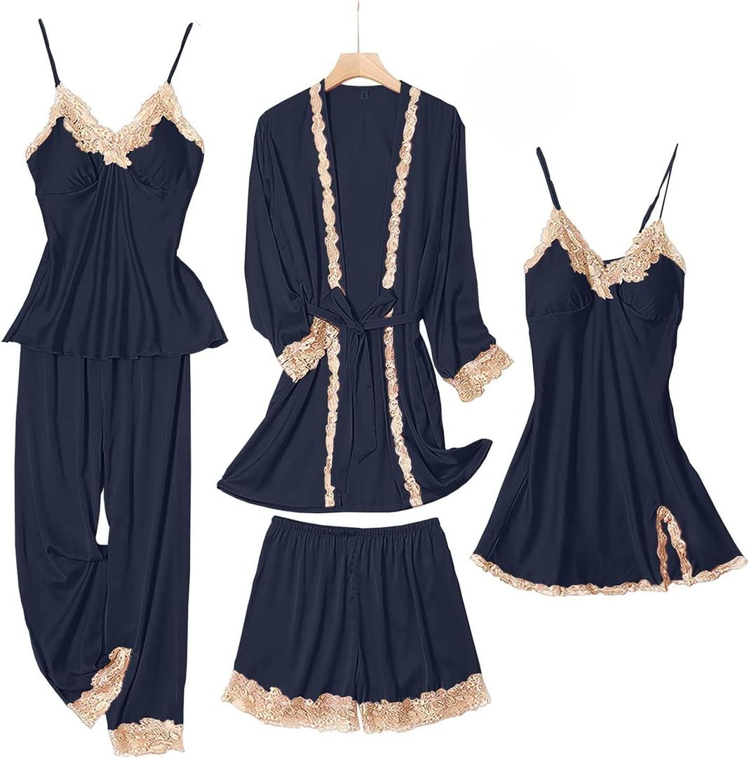 SAPJON Womens Pajama Sets 5PCS Silk Pajamas for Women Cute Sleepwear Loungewear Satin Pajamas Sets for Women Soft (XX-Large, Navy Blue)