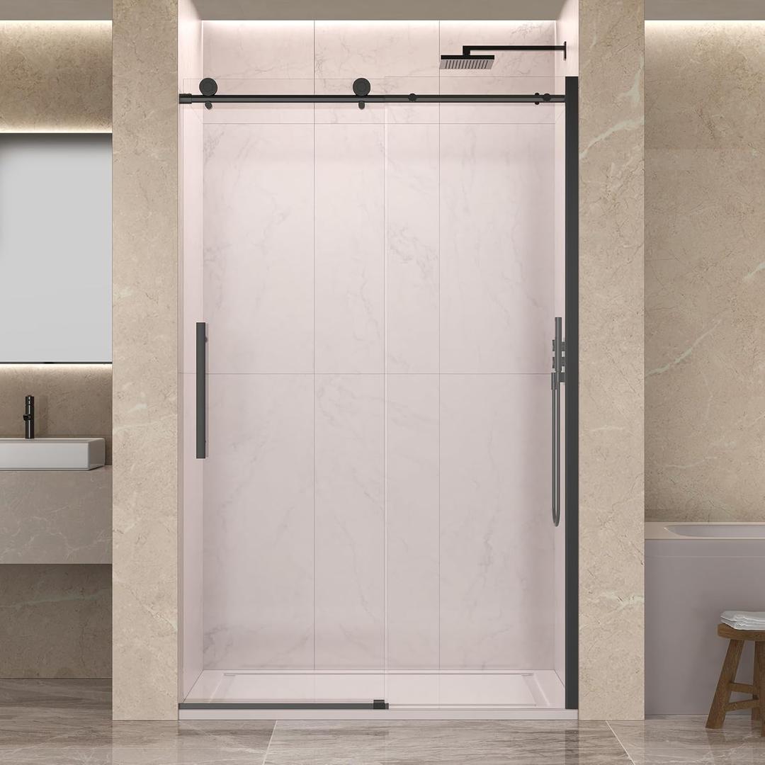 44-48 W x 76 H Frameless Sliding Shower Door, 5/16" (8mm) SGCC Tempered Clear Glass with Easy-to-Clean Coating, Matte Black