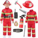 Avady Firefighter Costume for Kids Fireman Costume for Boys Halloween Costume Cosplay Dress Up (9-10 Years, Red)