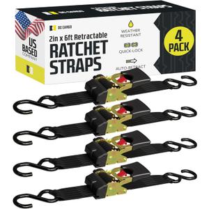 DC Cargo Mall Retractable Ratchet Strap, 4 Pack (2 inch x 6 feet) - Heavy Duty Tie Down Auto Retractable Ratchet Straps - Easy Self Contained Black Ratchet Strap Tie Downs for Trailers, Vehicles, Boat