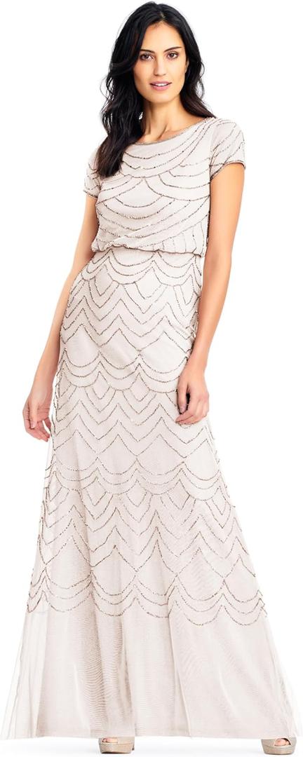 Adrianna Papell Womens Short Sleeve Blouson Beaded Gown (16, Blush/Gold)