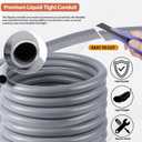 Liquid-Tight Conduit 1-1/4 inch 25ft, Electrical Conduit w/UL Certification, Flexible Conduit with 5 Straight and 5 90-Degree Conduit Connector Fittings Gray