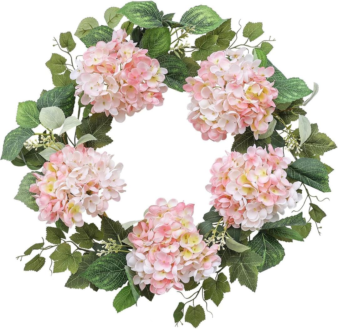 Pink Hydrangea Spring Wreath, 18 Inch Outdoor Summer Decor w/Eucalyptus & Hydrangea Leaves, Farmhouse Indoor Wreath for All Seasons