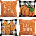 Artscope Fall Decorative Throw Pillow Covers 20x20 Inch Set of 4 Fall Gifts for Home Decor, Buffalo Plaid Autumn Pumpkin Maple Leaves Harvest Decoration Pillow Cases for Home Sofa Couch Decor-Orange A