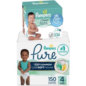 Pampers Pure Protection Disposable Baby Diapers Size 4, One Month Supply (150 Count) with Aqua Pure Baby Wipes, 6X Pop-Top Packs (336 Count)