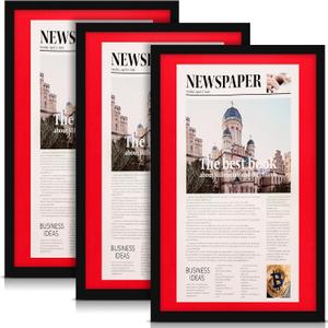 DoubleFill 3 Pcs 11x22 in Newspaper Frame with Mat Assorted Media Article Cover Frame with Hanging Hardware 14x24 in Newspaper Display Poster Frame for Wall Decoration (Red Mat)