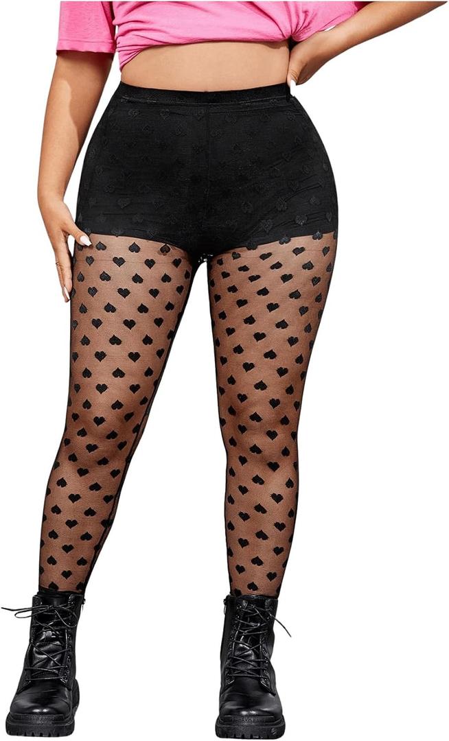 OYOANGLE Women's Plus Size Heart Print Mesh Sheer Pantyhose High Waist Control Top Stockings Footless Tights Black 3X-Large Plus