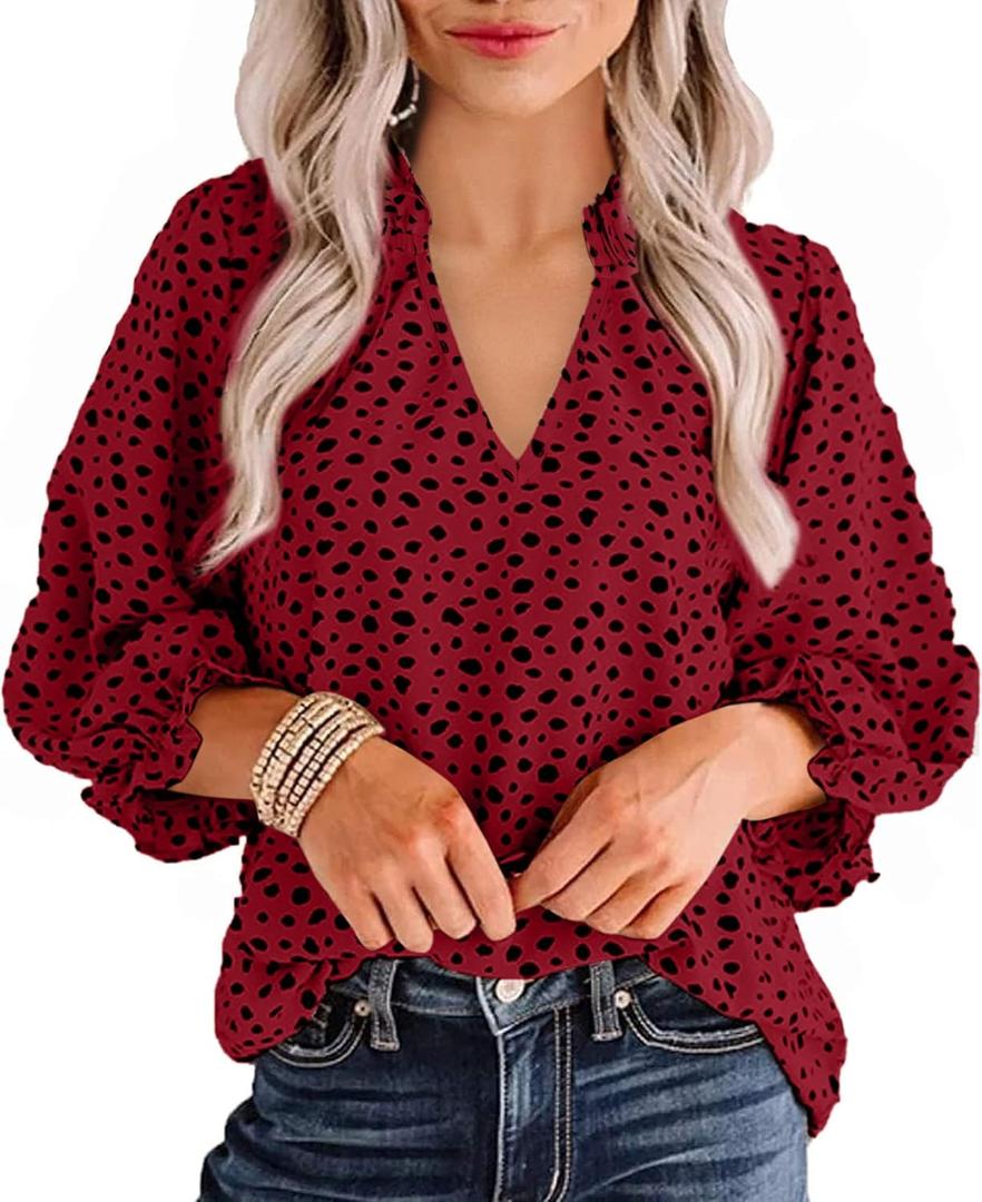 Avanova Women Leopard Print Ruffle V Neck Top 3/4 Long Sleeves Work Business Blouses Shirt (Medium, Red)