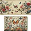Butterfly Kitchen Rug 2 Piece Set Floral Garden Orange Flowers Art Kitchen Rugs and Mats Decor Kitchen Floor Mat Set Non-Skid Washable Kitchen Runner Rug 17x30+17x47 Inches