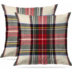 Plaid Pillow Covers 18 x 18 Inches Set of 2 Pillow Cases Decorative,Scottish Tartan Red and White Wool Plaid Pattern Symmetric Square Print Double Sided Decorative Christmas Throw Pillow Covers