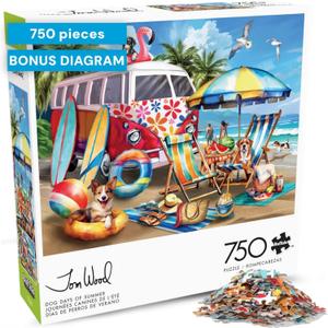 Buffalo Games – Dog Days of Summer by Tom Wood 750 Piece Jigsaw Puzzle for Adults – Precision-Cut Pieces, Beautiful Artwork, and Hours of Relaxing Fun - Relaxing Beach Day with The Family Pet